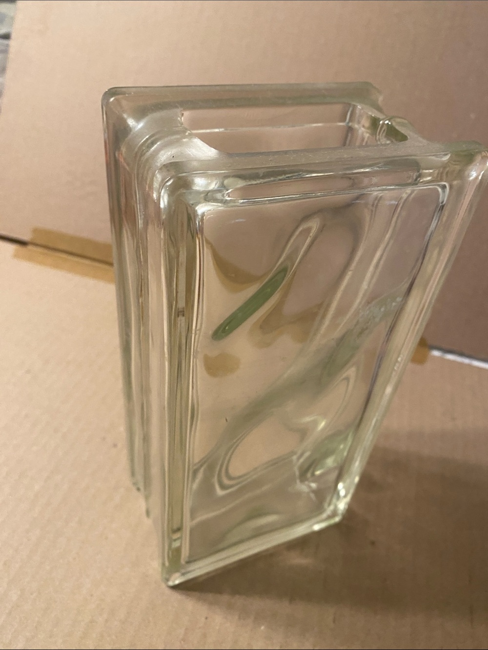 West Germany Ice Block Vase Thick Heavy Clear Glass Greenish Brick  c.1970 - 80s